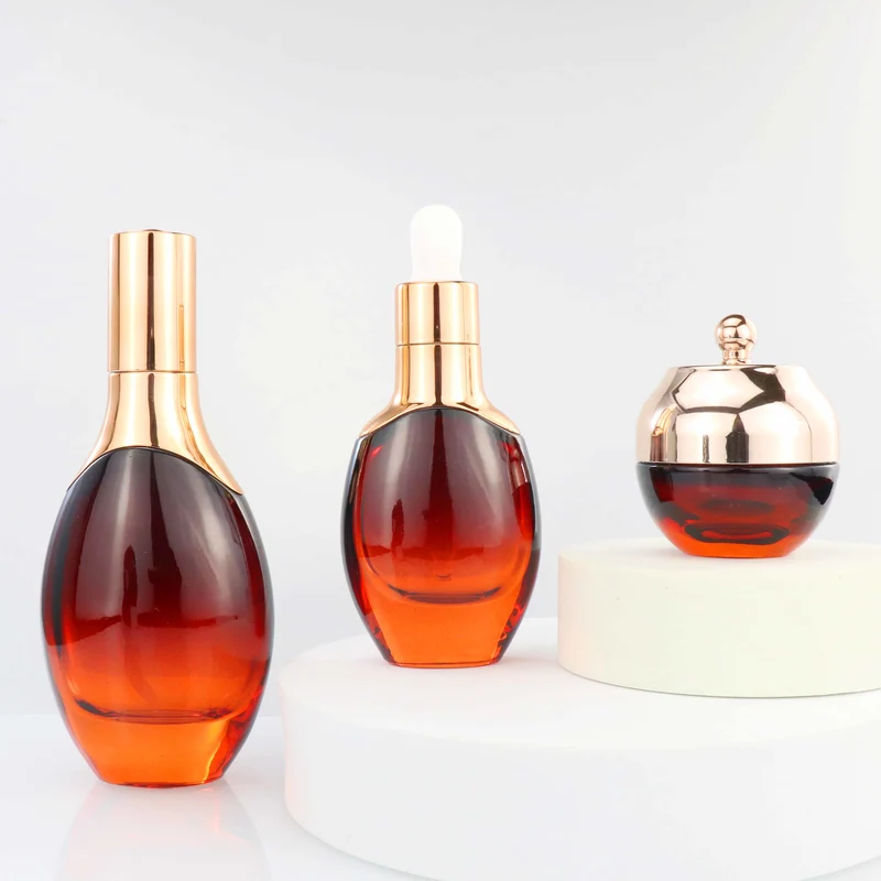 black skincare cosmetic glass bottle set with pump lotion cap