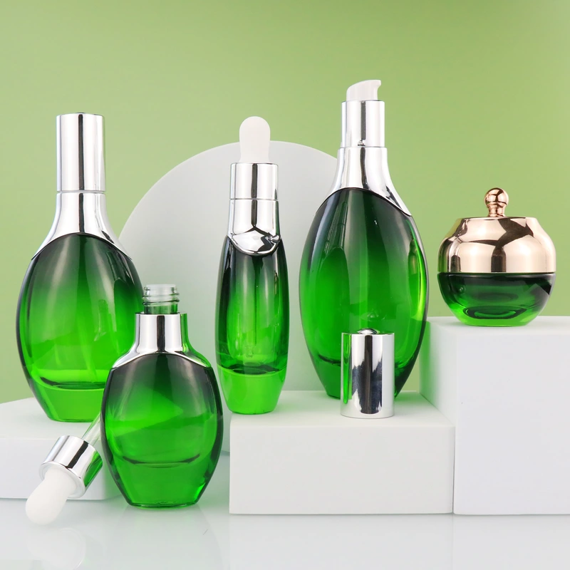 black skincare cosmetic glass bottle set with pump lotion cap