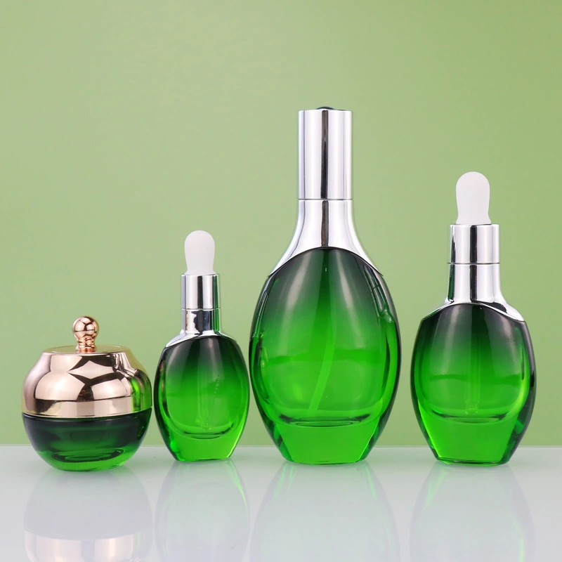 black skincare cosmetic glass bottle set with pump lotion cap