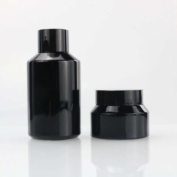 black skincare cosmetic glass bottle set with pump lotion sprayer cap