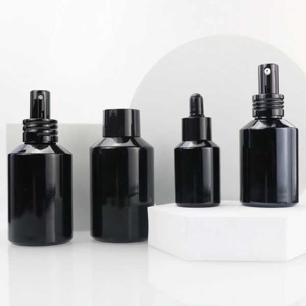 black skincare cosmetic glass bottle set with pump lotion sprayer cap