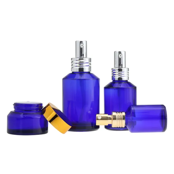 black skincare cosmetic glass bottle set with pump lotion cap
