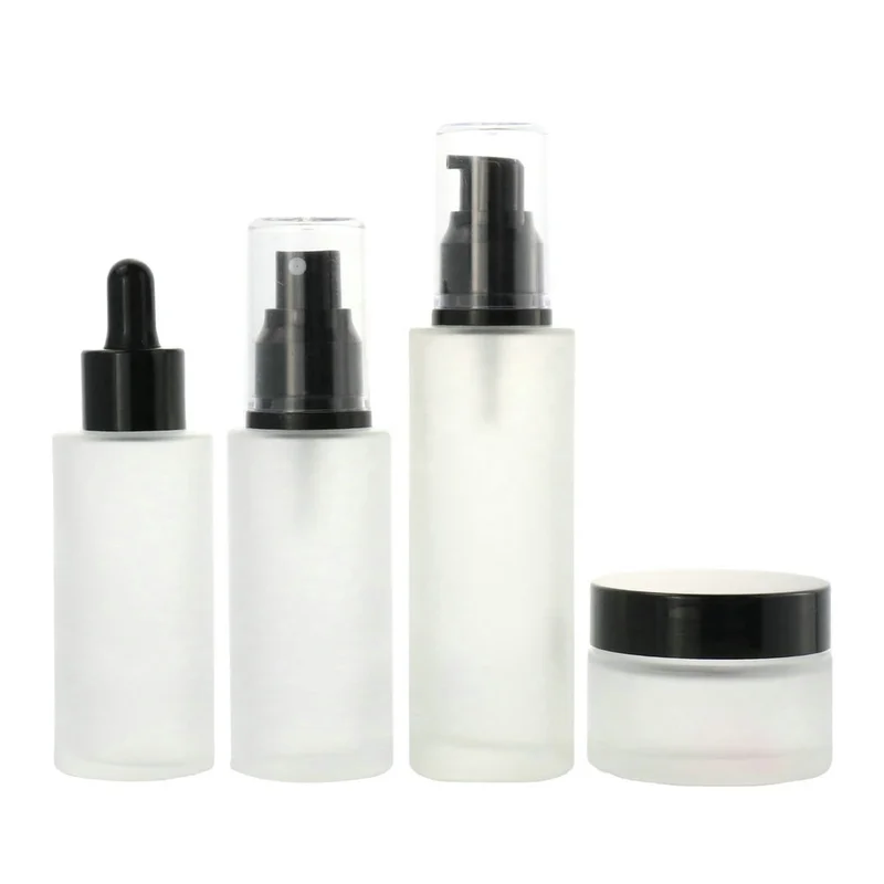 Empty Glass Black Cosmetic Packaging Dropper Bottle And Cream Jars
