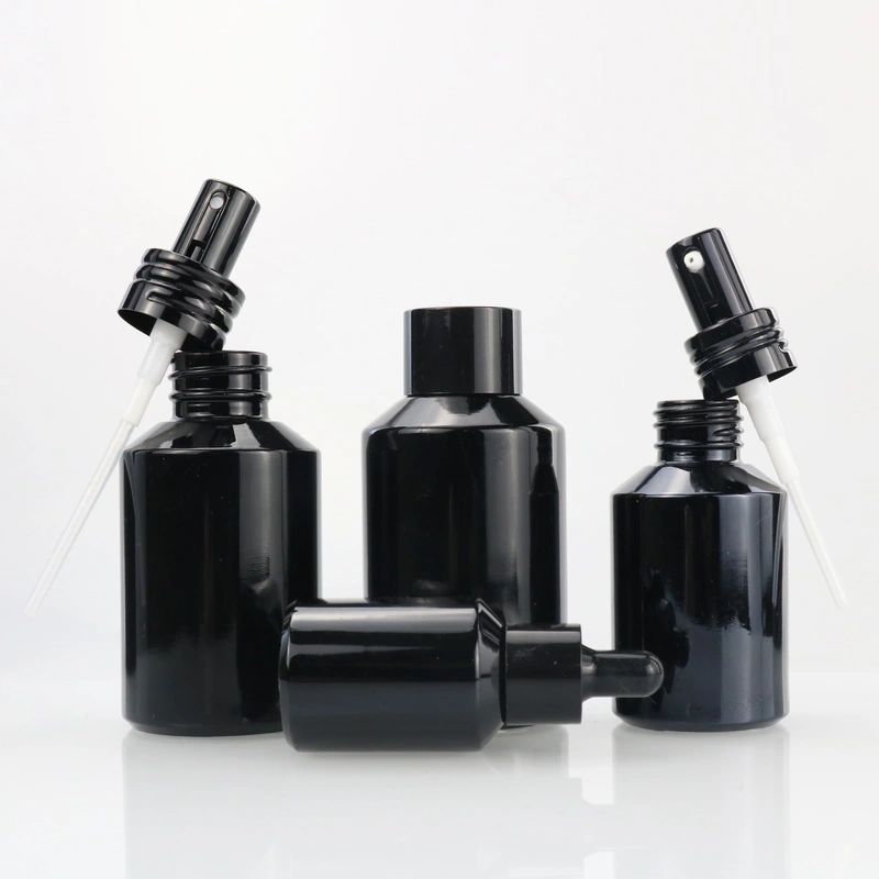 100ml matte black slant shoulder glass bottle with spray lid shoulder