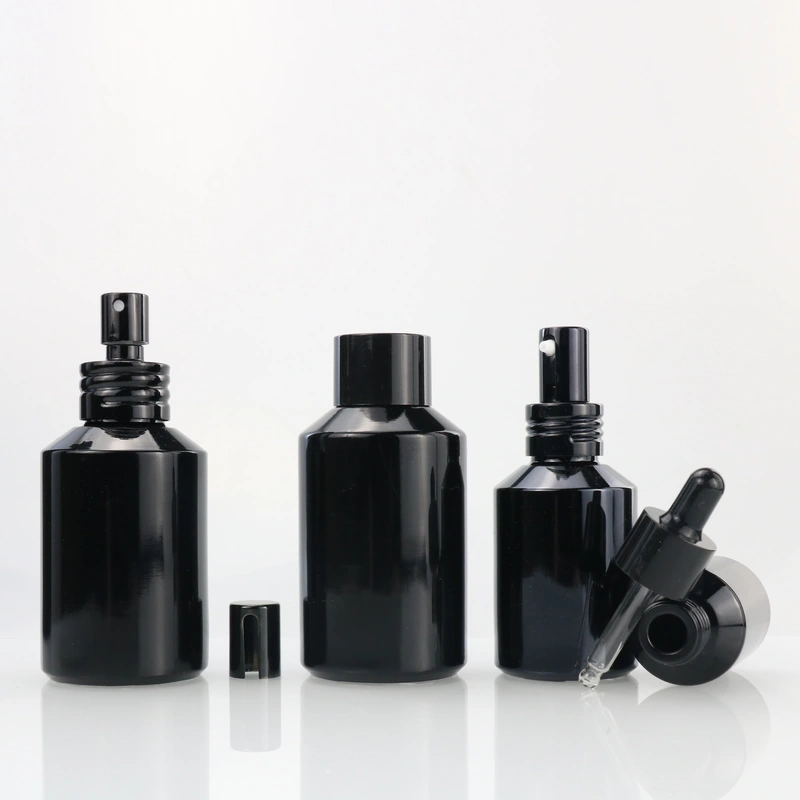 100ml matte black slant shoulder glass bottle with spray lid shoulder