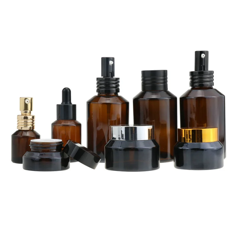 Empty Refillable Cosmetic 1 oz Clear Round Glass Jars with Black Lids