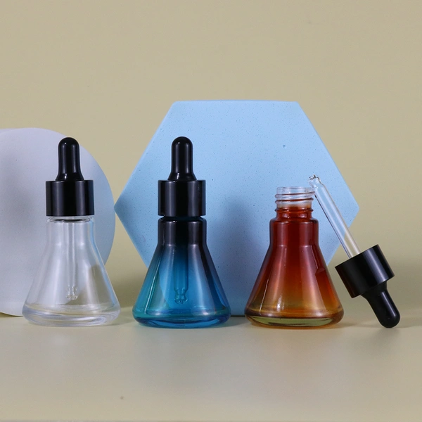 unique shape glass dropper bottle with black cap cosmetic packaging 