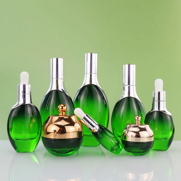 cream lotion glass bottle jar set with pump and dropper lid