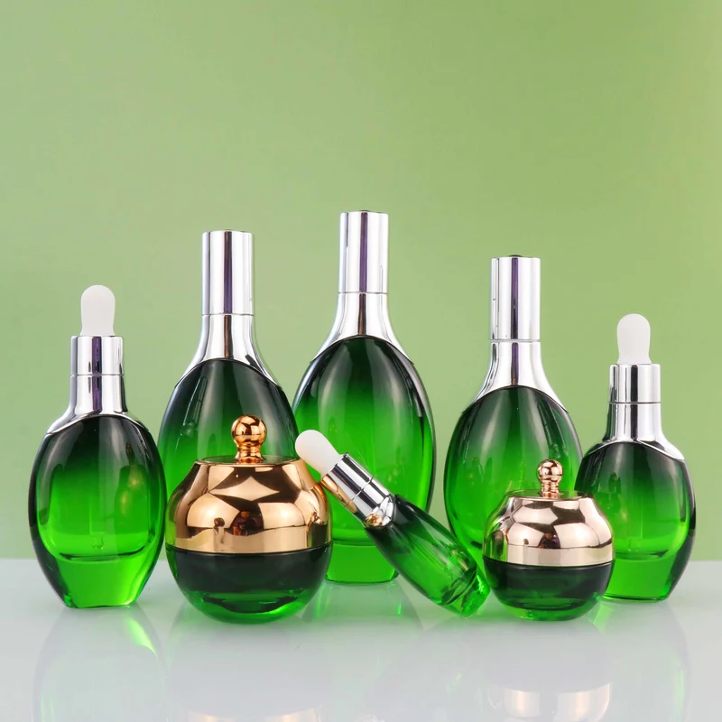 cream lotion glass bottle jar set with pump and dropper lid