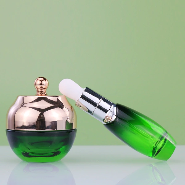 red cream lotion glass bottle jar set with pump and dropper lid