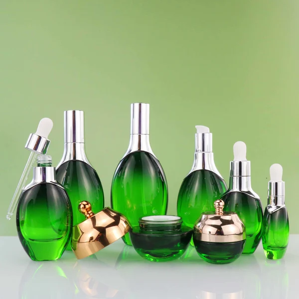 red cream lotion glass bottle jar set with pump and dropper lid