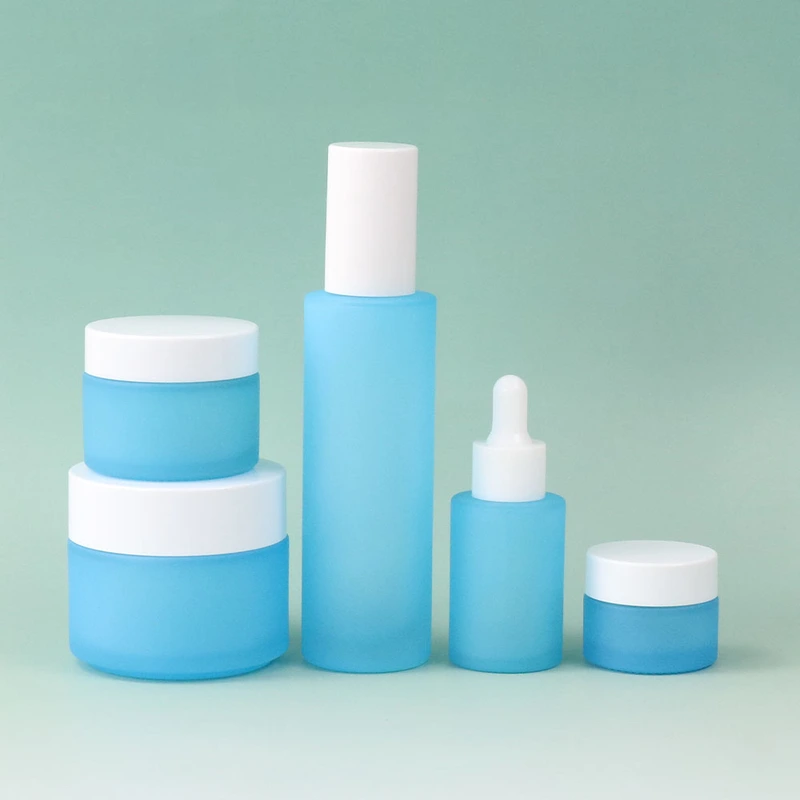Frosted Blue 30ml 50ml 60ml Glass Cosmetic Face Serum Bottles