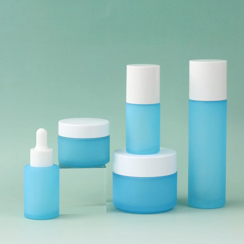 Frosted Blue 30ml 50ml 60ml Glass Cosmetic Face Serum Bottles