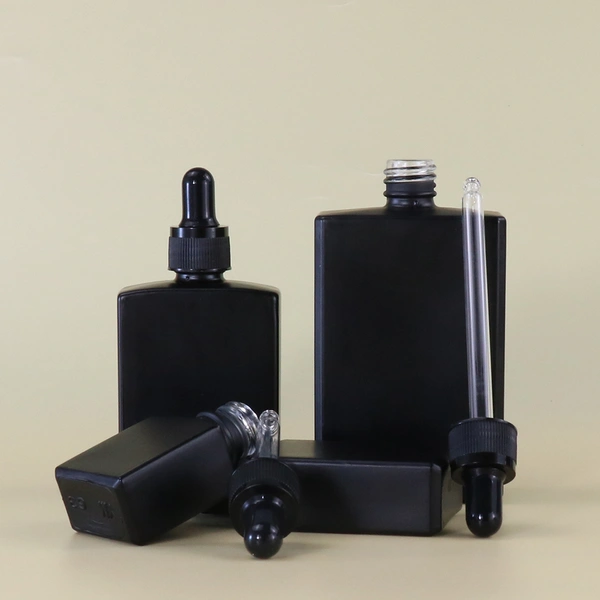  rectangle frosted matte black dropper square glass bottle