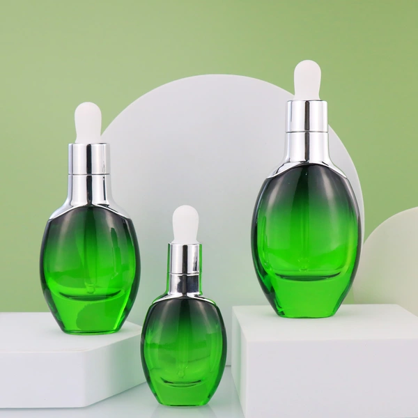 Cosmetic Green Bottle And Droppers Essential Oil Glass Bottle