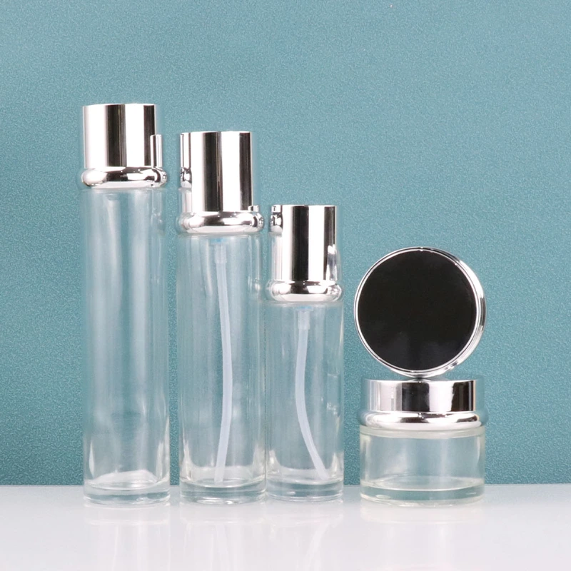 Luxury custom skincare packaging clear cosmetic glass bottle set