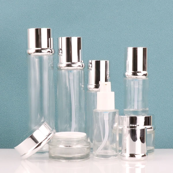 Luxury custom skincare packaging clear cosmetic glass bottle set
