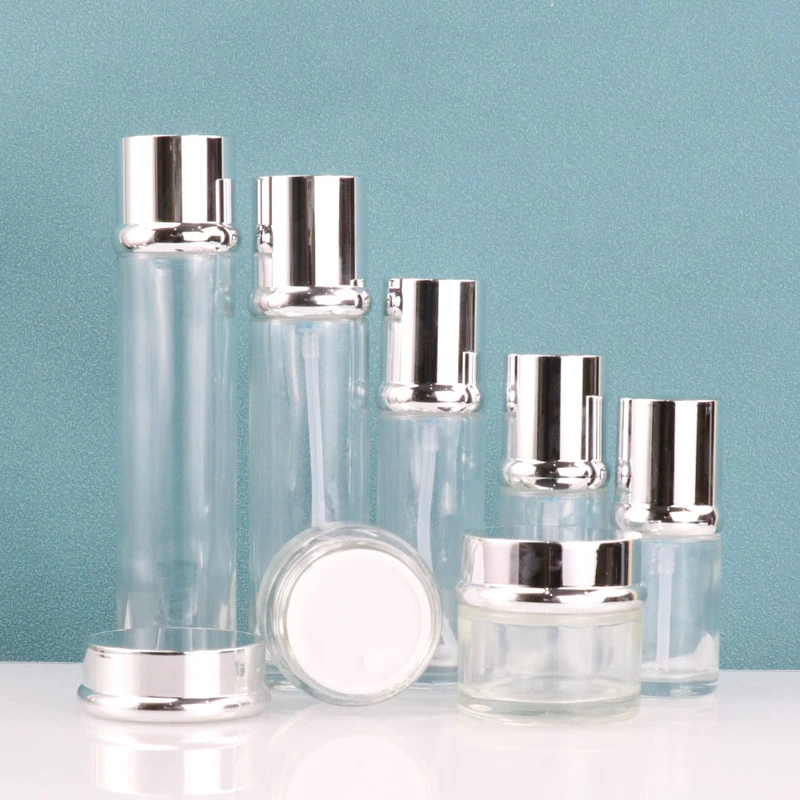Luxury custom skincare packaging clear cosmetic glass bottle set