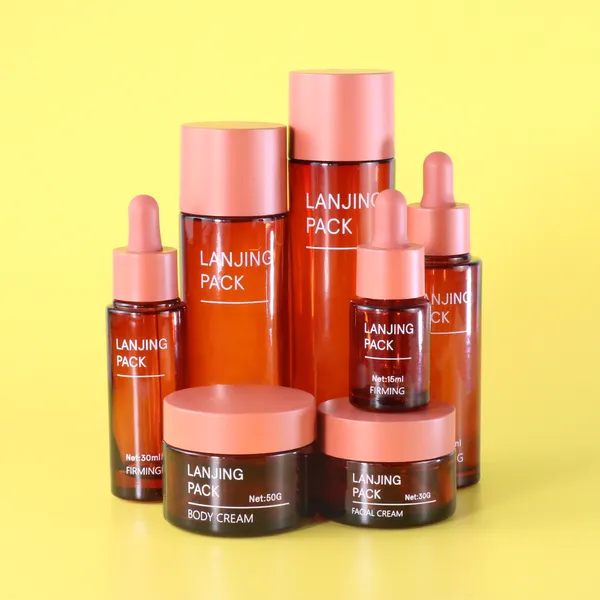 red glass bottle set luxury glass skincare packaging lotion containers