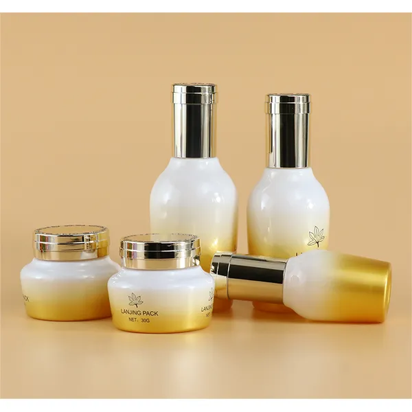 body cream jar; frosted spray bottle; luxury skincare bottle set