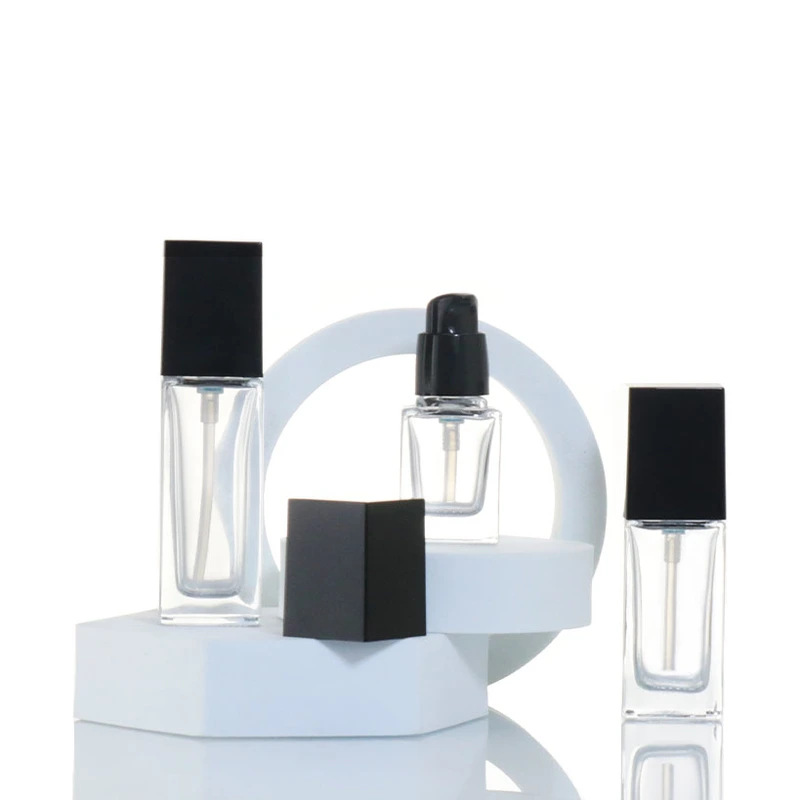 Wholesale 20ml 30ml 40ml glass square cosmetic lotion pump bottle