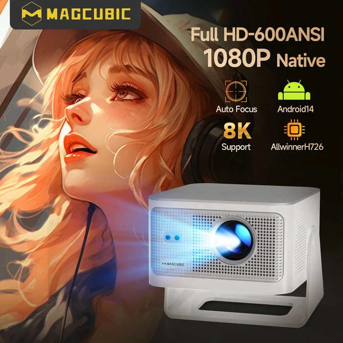Magcubic HY350MAX Smart Portable Projector,Native 1080P Full HD,600 ANSI Lumens,Android 14,Auto Focus Auto Keystone,15W Speaker,35‑135 Inch Home Cinema Projector