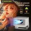 Magcubic HY350MAX Smart Portable Projector,Native 1080P Full HD,600 ANSI Lumens,Android 14,Auto Focus Auto Keystone,15W Speaker,35‑135 Inch Home Cinema Projector