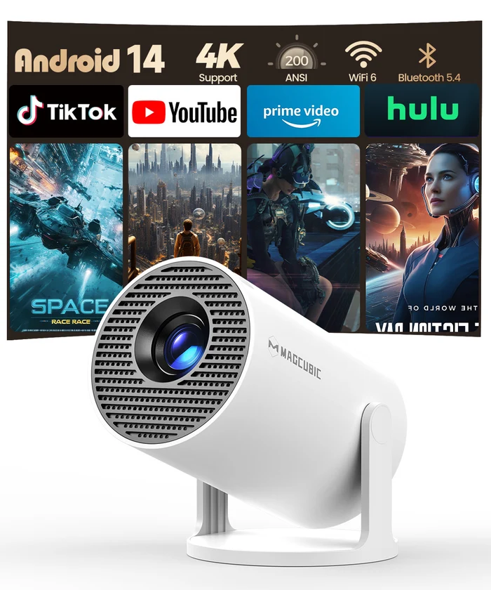 Magcubic HY300Pro Mini Portable Projector,Native 720P HD,200 ANSI Lumens,Android 14,180° Rotatable Body,Auto Vertical Keystone,35‑135 Inch Screen,WiFi 6 BT5.0 Home Outdoor Projector
