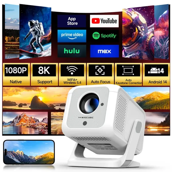 Magcubic HY310X Mini Portable Projector,Native 1080P Full HD,420 ANSI Lumens,Android 14,Auto Focus & Auto Vertical Keystone,Bluetooth 5.2,40‑130 Inch Large Screen Home Travel Projector
