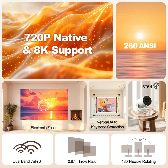 Magcubic HY300Ultra Mini Portable Projector,Native 720P HD,260 ANSI Lumens,180° Flexible Projection,Android14,Electronic Focus & Auto Vertical Keystone,WiFi6 BT5.4,35‑135 Inch Home Camping Travel Projector