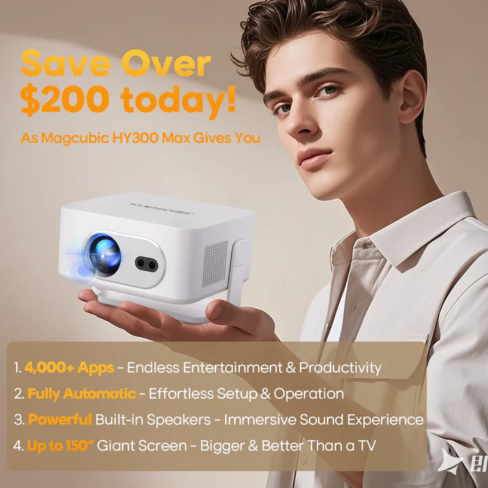 Magcubic HY300MAX Mini Portable Projector,Native 720P HD,260 ANSI Lumens,Android14,Auto Focus & Auto Vertical Keystone,WiFi6 BT5.4,35‑135 Inch Home Camping Travel Projector