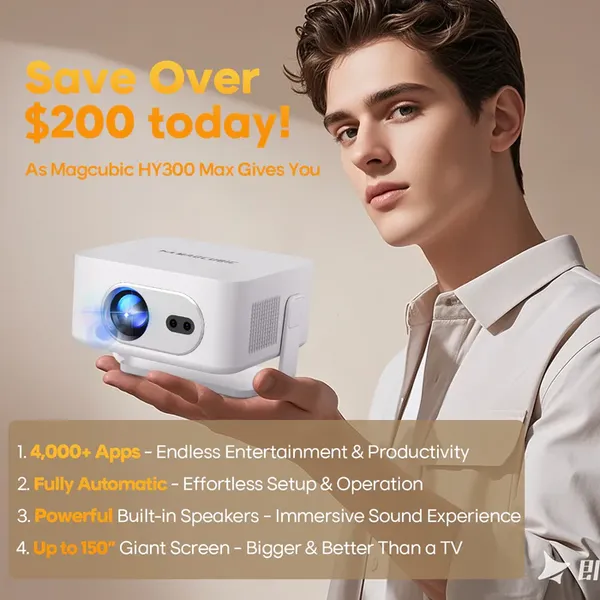 Magcubic HY300MAX Mini Portable Projector,Native 720P HD,260 ANSI Lumens,Android14,Auto Focus & Auto Vertical Keystone,WiFi6 BT5.4,35‑135 Inch Home Camping Travel Projector