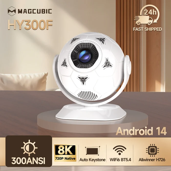Magcubic HY300F Football‑Style Portable Projector,Native 1080P Full HD,300 ANSI Lumens,Android14,Auto Vertical Keystone,WiFi6 BT5.4,35‑135 Inch Home Sports Fan Travel Projector