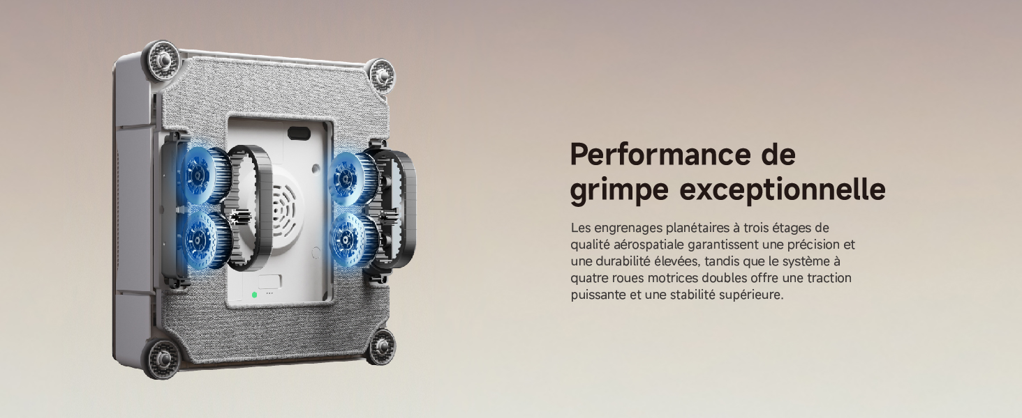 Le texte se lit comme suit : « Performance de grippe exceptionnelle ». Photo technique du produit montrant un appareil rectangulaire métallique avec des éléments de design industriel.