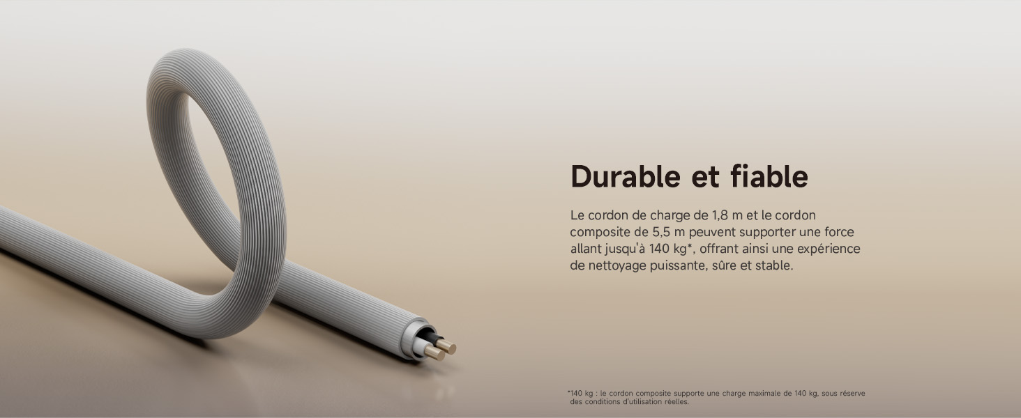 Le texte indique « Durable et fiable ». Photos rapprochées du produit montrant ce qui semble être un câble ou un connecteur sur un fond clair.