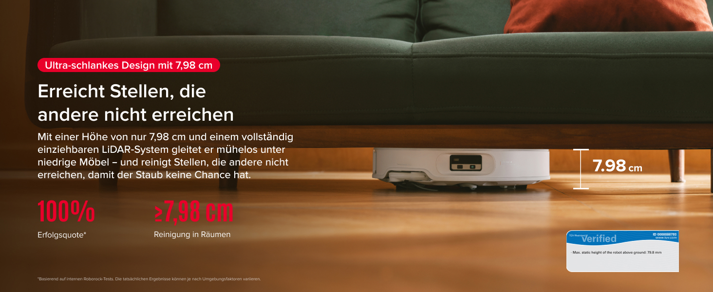 Der Text lautet: „Erreicht Stellen, die andere nicht erreichen“. Das Produktbild zeigt einen schlanken Saugroboter unter Möbeln mit einem abgebildeten Höhenabstand von 7,8 cm.
