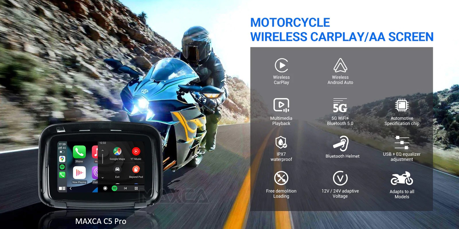 Maxca c5 pro 5 Zoll drahtlose Android Auto Apple Carplay Motorrad
