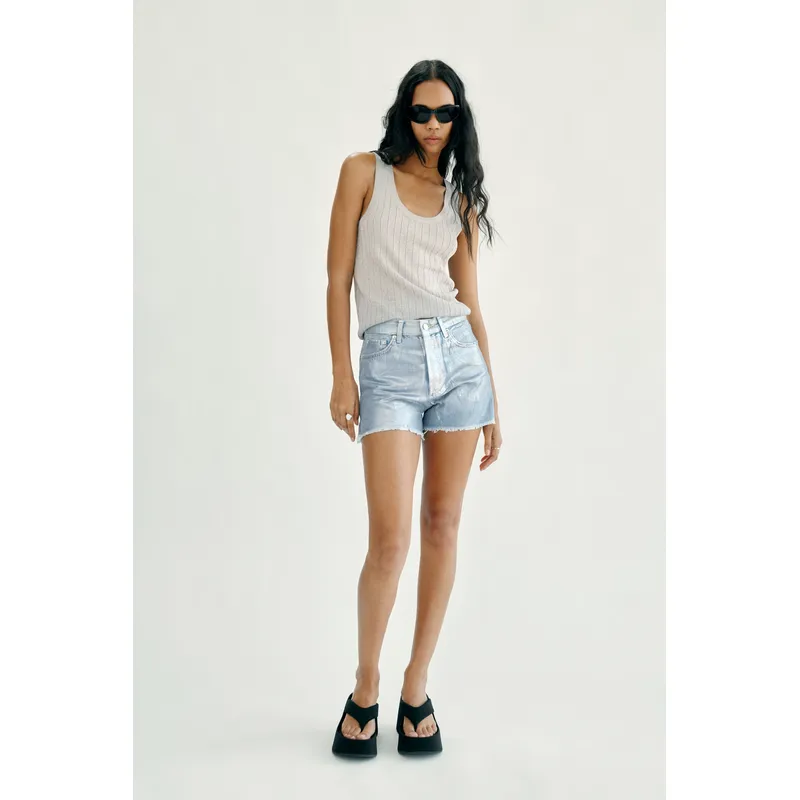 Metallic High Waist Shorts - Light Blue | Shimmering Style for Summer