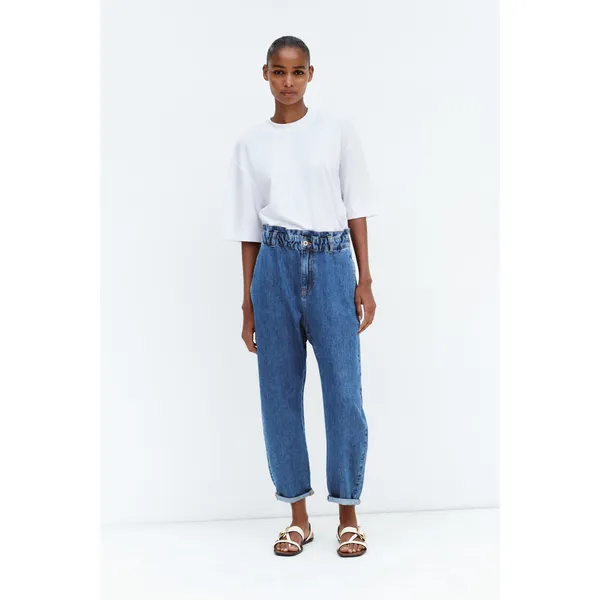 Medium Blue High Rise Paperbag Relaxed Jeans | Trendy and Comfortable