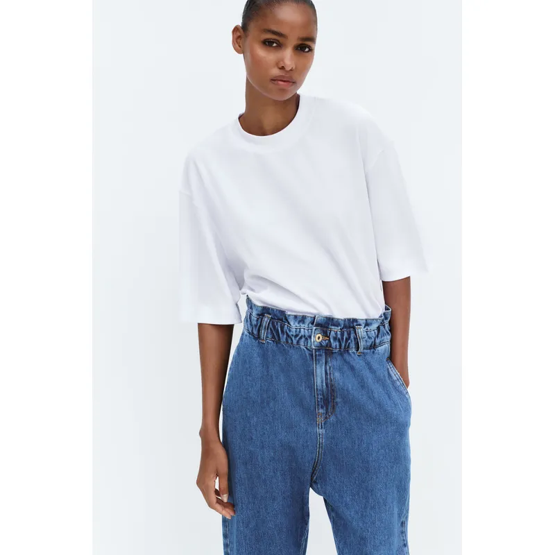 Medium Blue High Rise Paperbag Relaxed Jeans | Trendy and Comfortable