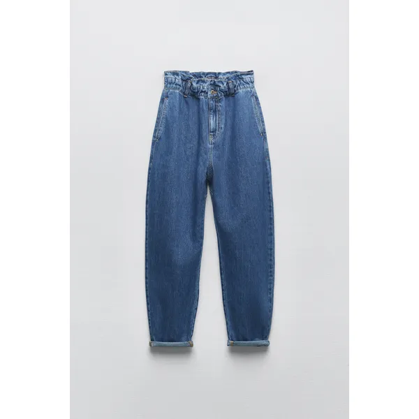 Medium Blue High Rise Paperbag Relaxed Jeans | Trendy and Comfortable