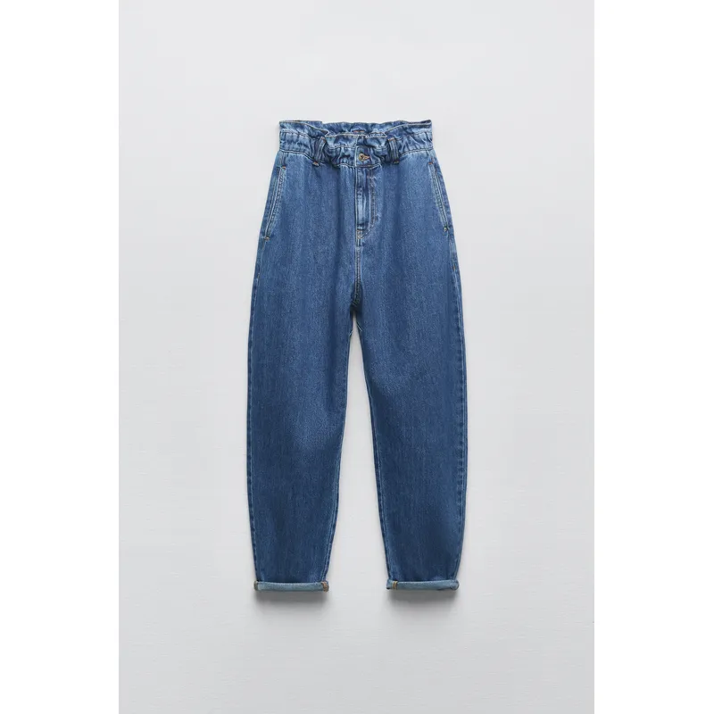 Medium Blue High Rise Paperbag Relaxed Jeans | Trendy and Comfortable