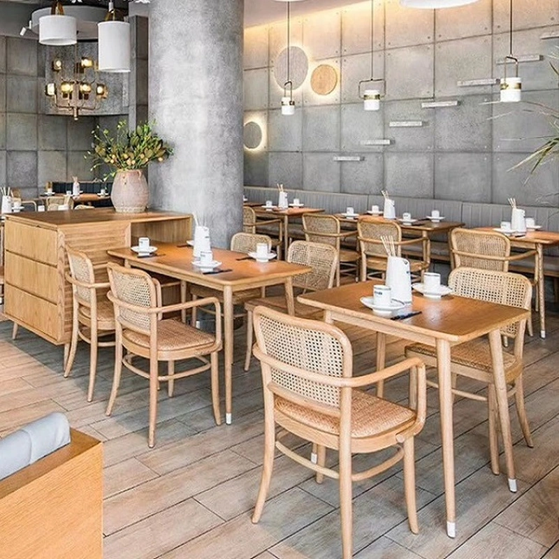 Customized restaurant furniture wooden tables and rattan chair 