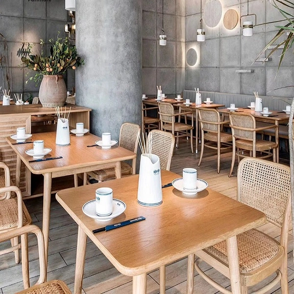 Customized restaurant furniture wooden tables and rattan chair 