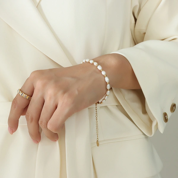 18K Gold Stainless Steel Natural Freshwater Pearl Bracelet