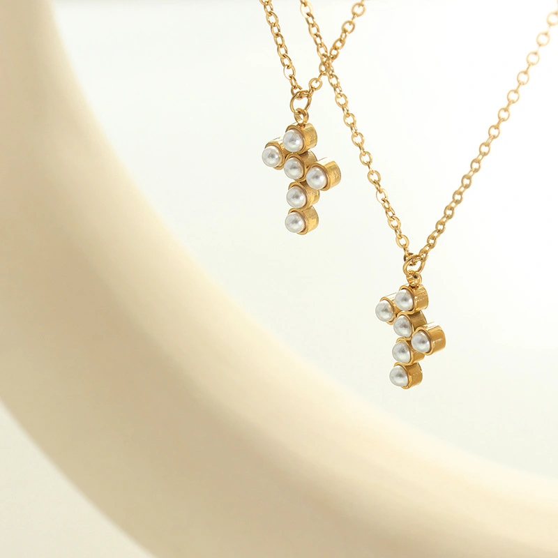Stainless Steel 18K Gold Mother of Pearl Cross Necklace