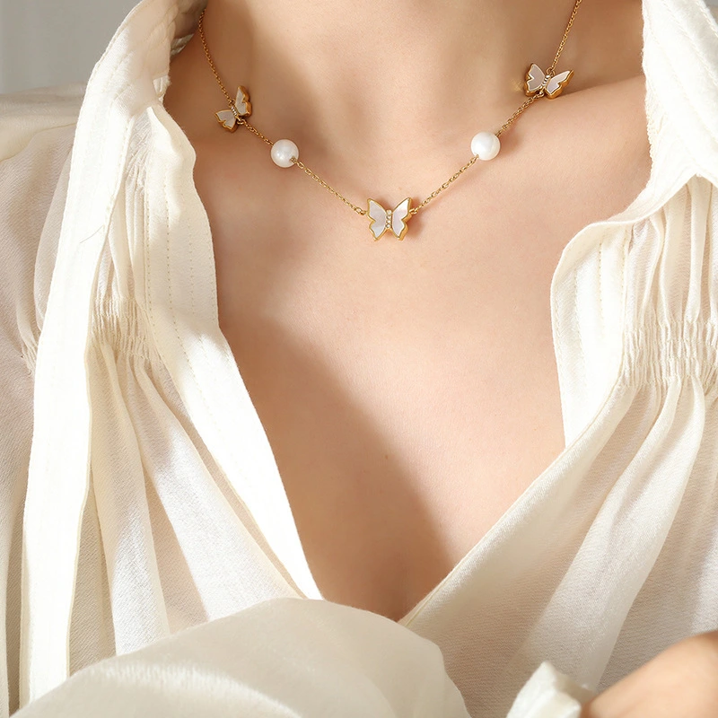 Fashion Stainless Steel Pearl and Butterfly Necklace