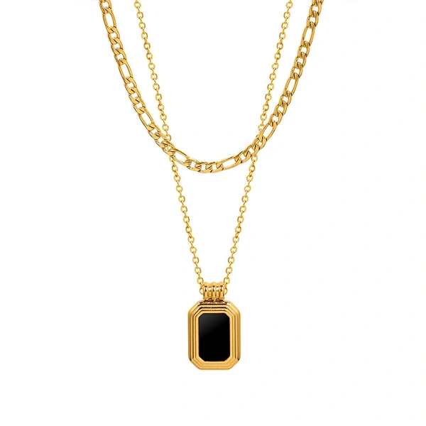 Double Chain Emerald Cut Black Stone Necklace