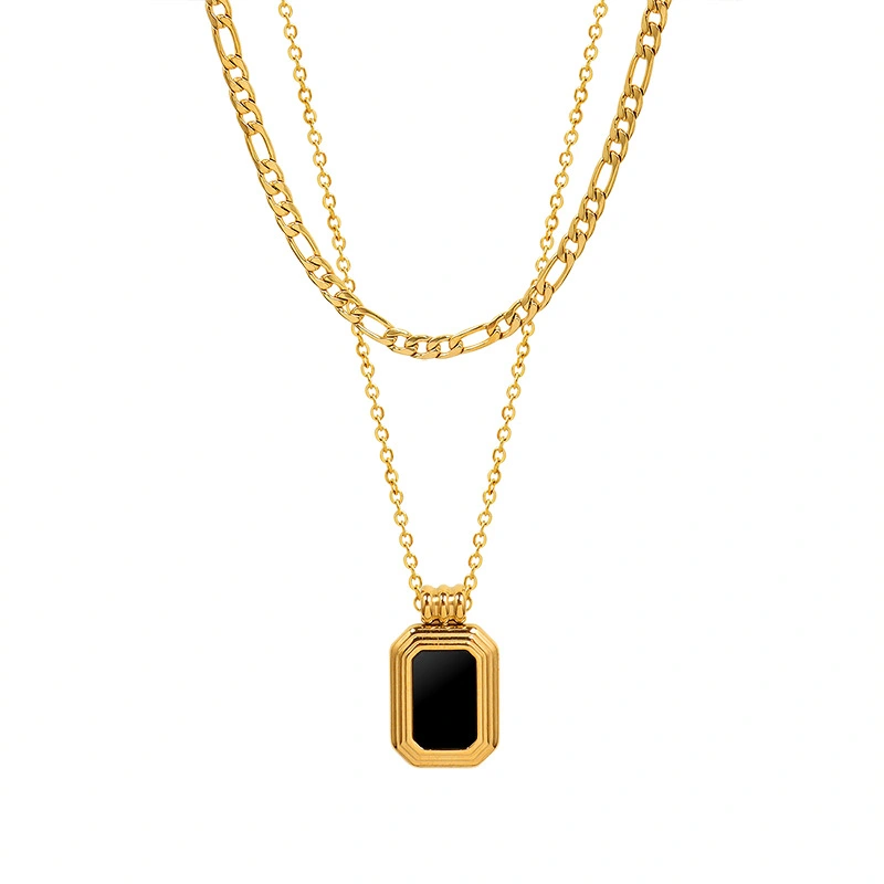 Double Chain Emerald Cut Black Stone Necklace