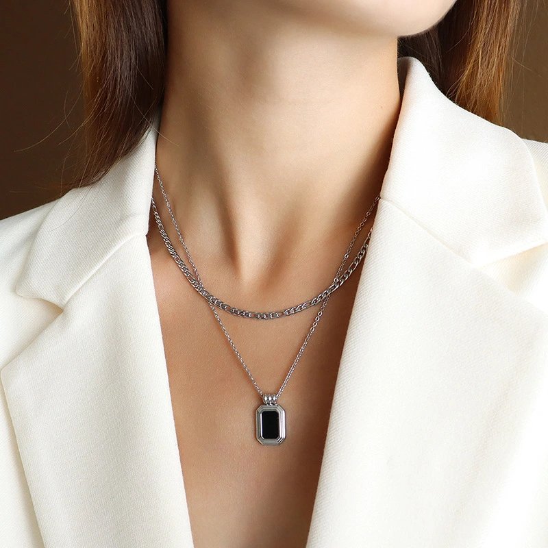 Double Chain Emerald Cut Black Stone Necklace